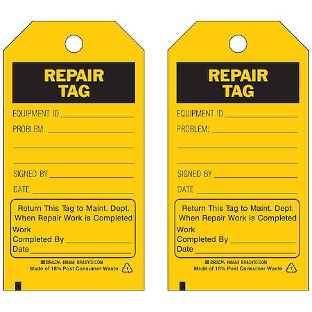 Brady Tag, Safety, Polyester, 5 3/4 in H x 3 in W, Black on Yellow, Rectangle, 10 PK 86434