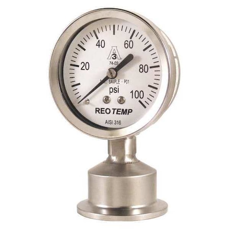 Reotemp Pressure Gauge, 0 to 100 psi, 2 1/2 in Dial, 1 1/2 in Tri-Clamp, Bottom Location SG25ATC15P18