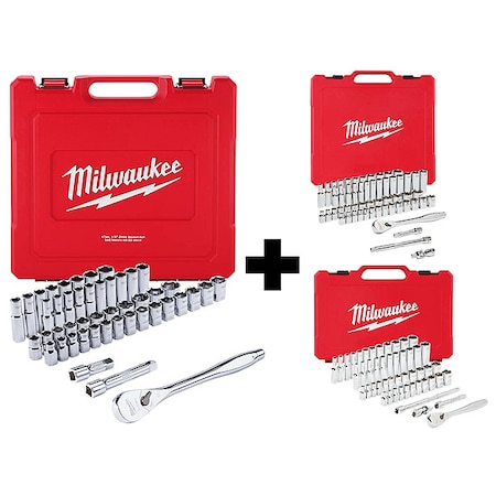 Milwaukee Tool Metric/SAE - Ratchet & Socket Sets: 47pc 1/2" Drive Set + 56pc 3/8" Drive Set + 50pc 1/4" Drive Set 48-22-9010, 48-22-9008, 48-22-9004