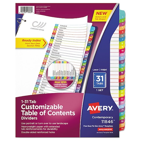 Avery Dennison Contents Dividers, Multicolor Tabs, Pk31 11846