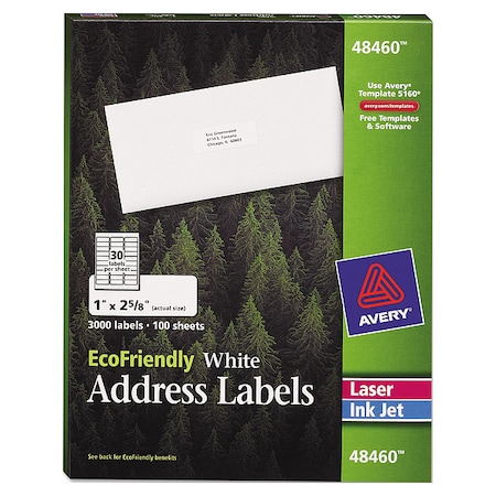 Avery Laser/Inkjet Label, 2 5/8 in Label W, 1 in Label H, 30 Labels per Sheet White AVE48460