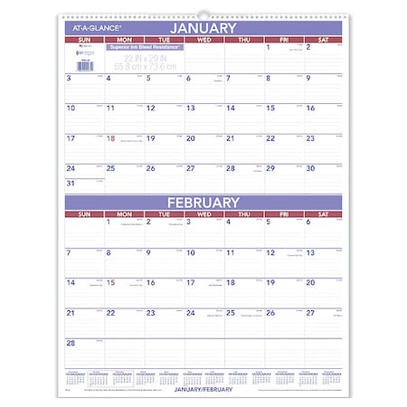 At-A-Glance Two-Month Wall Calendar, 22 x 29, White/Blue/Red Sheets, 12-Month (Jan to Dec) 2026 AAGPM928