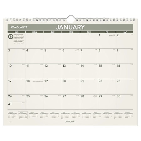 At-A-Glance Recycled Wall Calendar, Unruled Blocks, 15 x 12, Sand/Green Sheets, 12-Month (Jan to Dec): 2025 AAGPMG7728