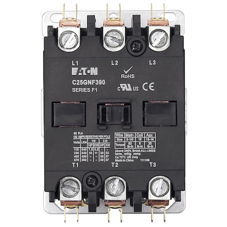 Eaton Definite Purpose Magnetic Contactor, 24V AC, 3 P, Non-Reversing, 3 Phase, Quick Connect C25GNF390T