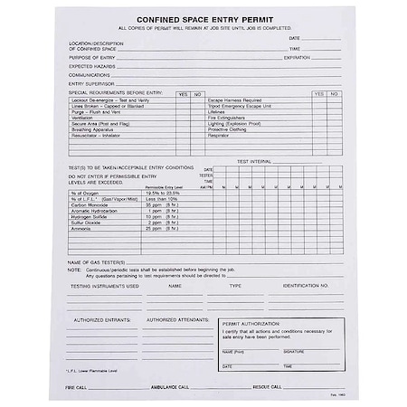 Brady Confined Space Entry Permits, Paper, 11 in H x 8 1/2 in W, Black, White EP1