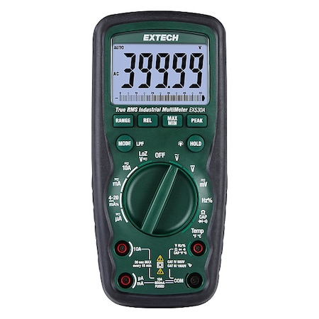 Extech Multimeter, 1,000 V Max DC, 0.01 mV Max AC, TRMS, 40,000 Instrument Counts, LCD EX530A