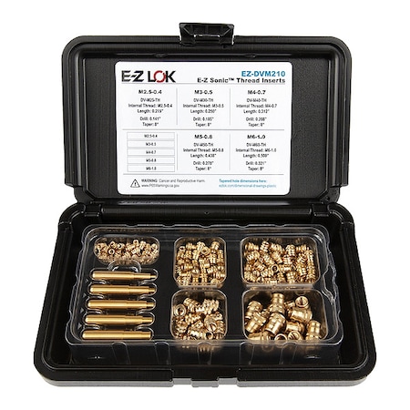 Zoro Select Heat-Set Insert Kit, M2.5-M6, 7/32 in, 1/4 in, 5/16 in, 7/16 in, 1/2 in L, Brass EZ-DVM210