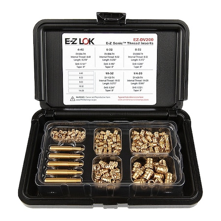 Zoro Select Heat-Set Insert Kit, #4-40 to 1/4"-20, 7/32 in, 1/4 in, 5/16 in, 3/8 in, 1/2 in L, Brass EZ-DV200