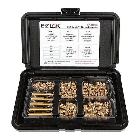 Zoro Select Heat-Set Insert Kit, #4-40 to 1/4"-20, 7/32 in, 9/32 in, 21/64 in, 3/8 in, 1/2 in L, Brass EZ-HI-300