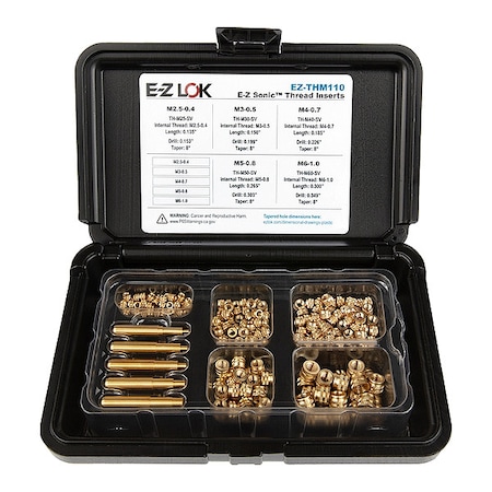 Zoro Select Heat-Set Insert Kit, M2.5-M6, 9/64 in, 5/32 in, 3/16 in, 17/64 in, 19/64 in L, Brass EZ-THM110