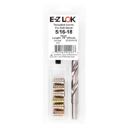 Zoro Select Thread Repair Kit, Hex Drive Threaded Inserts, 5/16"-18, Hexavalent Chromium Zinc, 6 Inserts EZ-851618-20