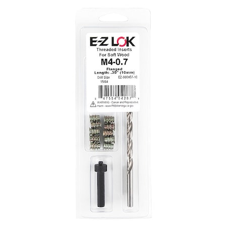 Zoro Select Thread Repair Kit, Hex Drive Threaded Inserts, M4-0.70, Hexavalent Chromium Zinc, 10 Inserts EZ-900407-10