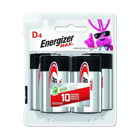 Energizer Max Alkaline Battery, D 1.5V DC 4 PK E95BP-4