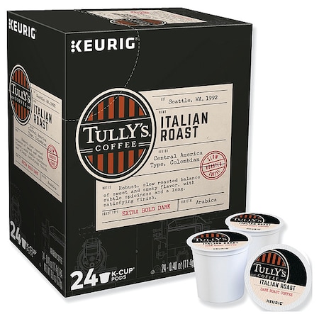 Tullys Coffee Coffee, Italian Roast, Pod, Caffeinated, Ground, 9.6 oz, 24 PK 193019