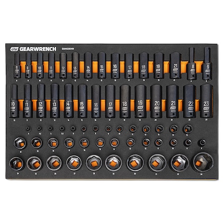 Gearwrench 66 Pc. 1/4 in, 3/8 in, 1/2 in Drive 6 Point Metric Impact Socket Set in Foam Storage Tray GWMSISKMM