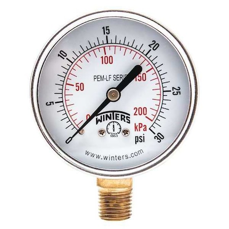 Winters Lead-Free Pressure Gauge, 0 to 30 psi, 2 1/2 in Dial, 1/4 in NPT, Bottom Location PEM212LF