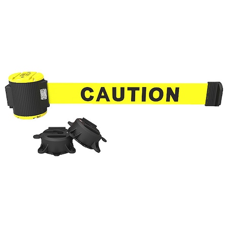 Banner Stakes Barrier Post with Belt, Yellow, 15 ft Length, 22 in to 42 in Adjustable Post Height, Caution PL4083