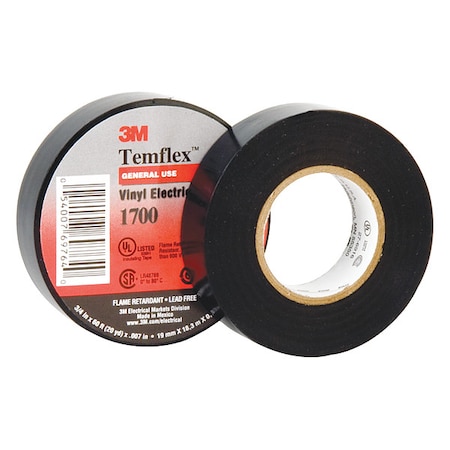 3M Electrical Tape, Vinyl, Black, 36 yd L, 3/4 in W 1700-3/4X36YD