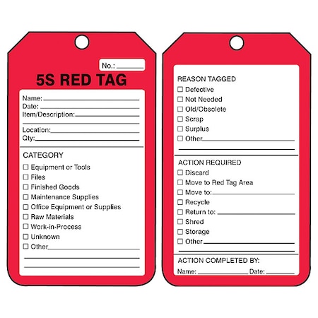 Accuform Tag, 5S Red Tag, Cardstock, 5 3/4 in H x 3 1/4 in W, Red, Rectangle, 25 PK MMT105CTP