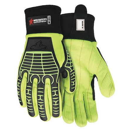 Mcr Safety UltraTech Mechanics Gloves, Cotton Corded Palm, Spandex Back, L, Black/Green/High-Visibility Lime MC504L