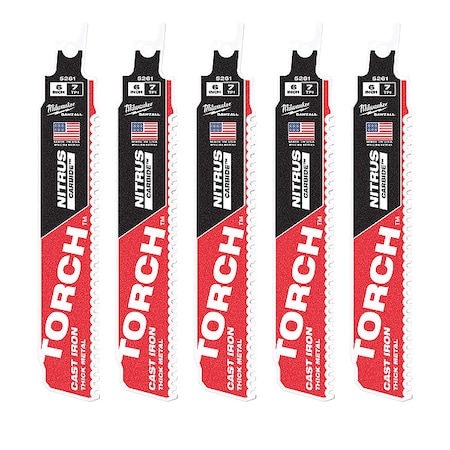 Milwaukee Tool 6 in. 8 TPI SAWZALL THE TORCH w/ NITRUS CARBIDE Reciprocating Saw Blade, Cast Iron & Metal, 5 PK 48-00-5561