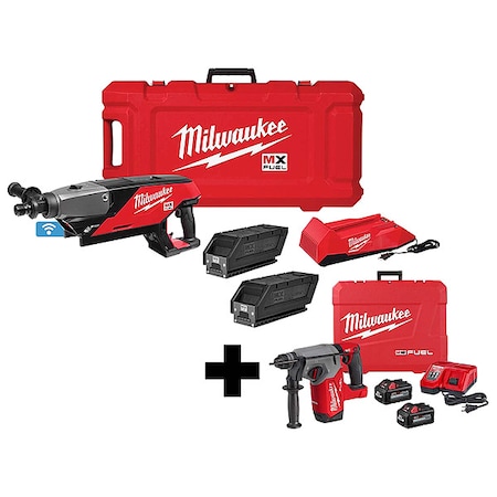 Milwaukee Tool M18 FUEL 1" SDS Plus Rotary Hammer Kit + MX FUEL Handheld Core Drill Kit MXF301-2CP, 2912-22