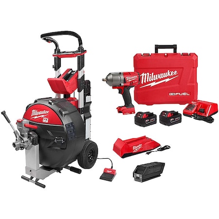 Milwaukee Tool M18 FUEL 1/2" HTIW w/ ONE-KEY, Friction Ring Kit + MX FUEL Sewer Drum Machine POWERTREDZ Cable Kit MXF501-1CP, 2863-22R