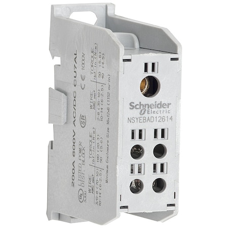 Schneider Electric Power Distribution Block, Finger-Safe, 1 Pole, 200 A Copper, 600 V AC/DC, DIN Rail NSYEBCD12614