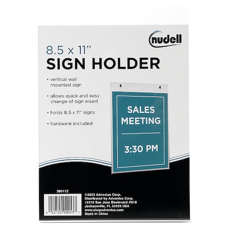Nudell Plastic Vertical-Orientation Wall Sign Holder with Mounting Screws, 8.5 x 11 Insert 38011Z