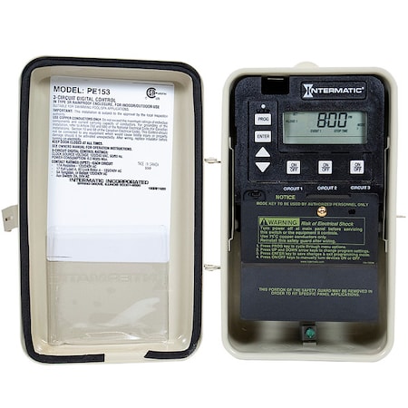 Intermatic Digital Timer, 24 hr., 3 SPST, 120/240V PE153
