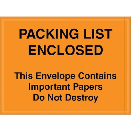 Zoro Select Packing List Envelopes, Orange, PK1000 PL410