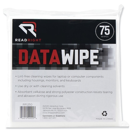 Read Right Cleaning Wipes, 6 x 6", Unscented, PK75 REARR1250