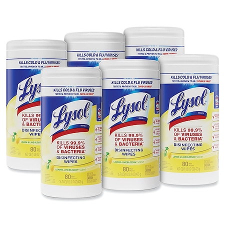 Lysol Disinfecting Wipes, 1-Ply, 7 x 7.25, Lemon and Lime Blossom, White, 80 Wipes/Canister, PK6 19200-77182