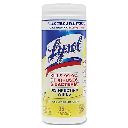 Lysol Disinfecting Wipes, 1-Ply, 7 x 7.25, Lemon and Lime Blossom, White, 35 Wipes/Canister, PK12 19200-81145