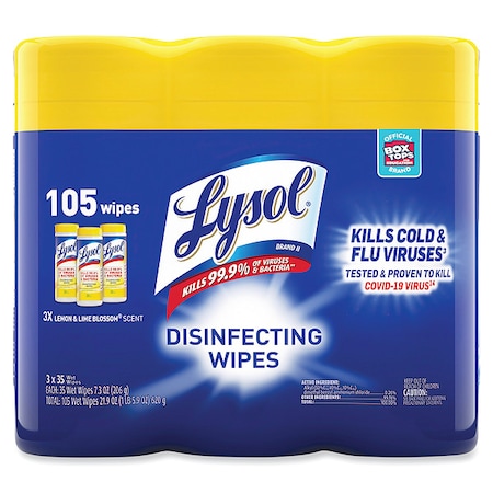 Lysol Disinfecting Wipes, 1-Ply, 7 x 7.25, Lemon and Lime Blossom, White, 35 Wipes/Canister, PK12 REC 81145