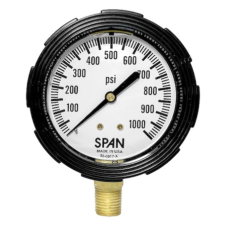Span Industrial Pressure Gauge, 0 to 1,000 psi, 2 1/2 in Dial, 1/4 in NPT, Bottom Location LFS-220-1000-G