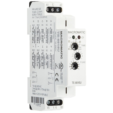 Macromatic Multifunction Time Delay Relay, Square, Multi Function, 10 Functions 12 to 240V AC/DC, DPDT TE-8812U