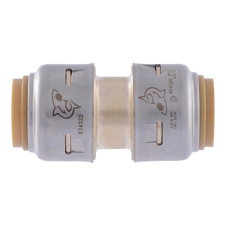 Sharkbite Fitting, Straight, Brass, Push-Fit 1/2 in, Push-Fit 1/2 in UR008