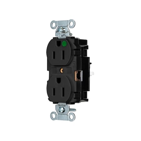 Hubbell Wiring Device-Kellems Straight Blade Receptacle, 5-15R, 15 A, 125V AC, 2 Pole, 3 Wire, Surface Mount, Grounded 8200STBK