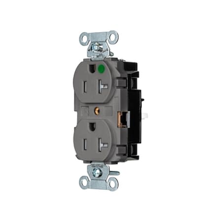Hubbell Wiring Device-Kellems Straight Blade Receptacle, 5-20R, 20 A, 125V AC, 2 Pole, 3 Wire, Surface Mount, Grounded 8300STGYTR