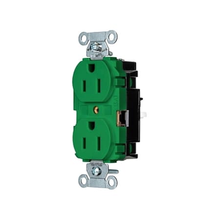 Hubbell Wiring Device-Kellems Straight Blade Receptacle, 5-15R, 15 A, 125V AC, 2 Pole, 3 Wire, Surface Mount, Grounded BR15STGN