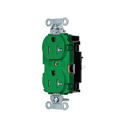 Hubbell Wiring Device-Kellems Straight Blade Receptacle, 5-20R, 20 A, 125V AC, 2 Pole, 3 Wire, Surface Mount, Single, Green BR20STGNTR