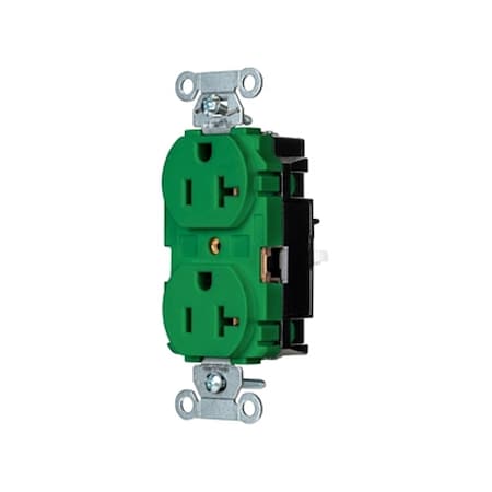 Hubbell Wiring Device-Kellems Straight Blade Receptacle, 5-20R, 20 A, 125V AC, 2 Pole, 3 Wire, Surface Mount, Single, Green BR20STGN
