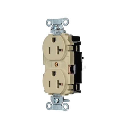 Hubbell Wiring Device-Kellems Duplex Straight Blade Receptacle, 5-20R, 20 A, 125V AC, 2 Pole, 3 Wire, Surface Mount, Grounded BR20STI