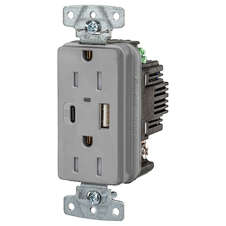Hubbell Wiring Device-Kellems USB Receptacle, Gray, 1/2 hp USB15ACPDGY