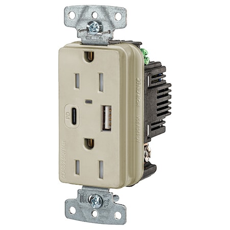 Hubbell Wiring Device-Kellems USB Receptacle, Ivory, 1/2 hp USB15ACPDI