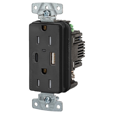 Hubbell Wiring Device-Kellems USB Receptacle, Black, 1/2 hp USB15ACPDBK
