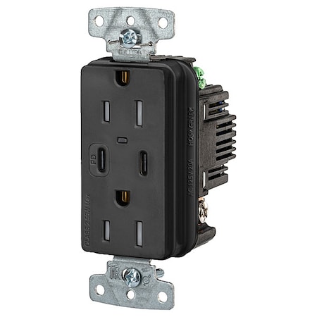 Hubbell Wiring Device-Kellems USB Receptacle, Black, 1/2 hp USB15CPDBK