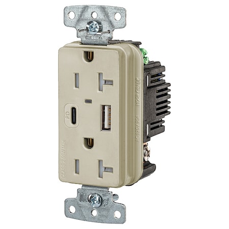 Hubbell Wiring Device-Kellems USB Receptacle, Ivory, 1 hp USB20ACPDI