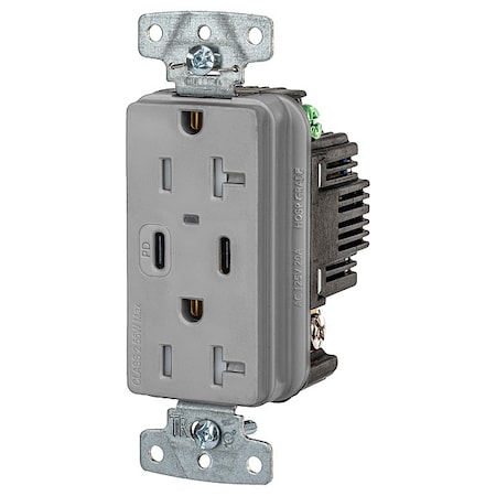Hubbell Wiring Device-Kellems USB Receptacle, Gray, 1 hp USB20CPDGY